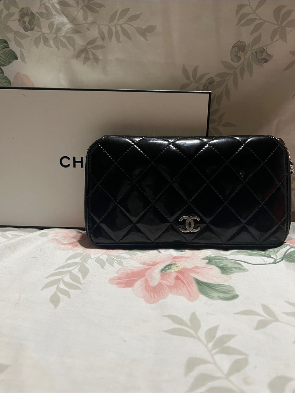 CHANEL Black Quilted Patent Leather Wallet with Silver CC